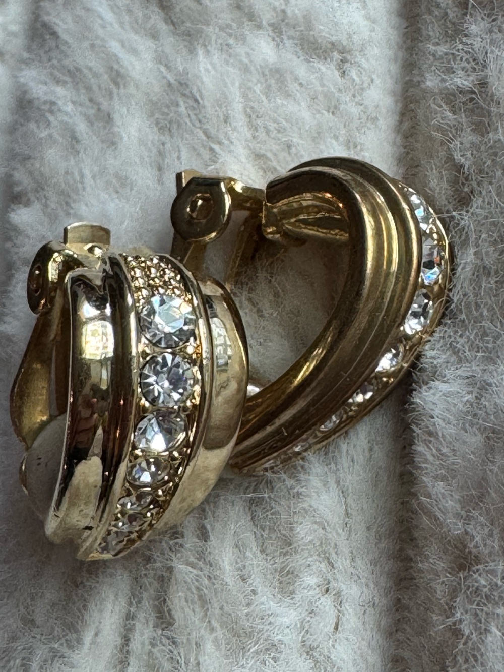 Vintage Gold Tone Clear Rhinestone Channel Half Hoop Clip On Earrings